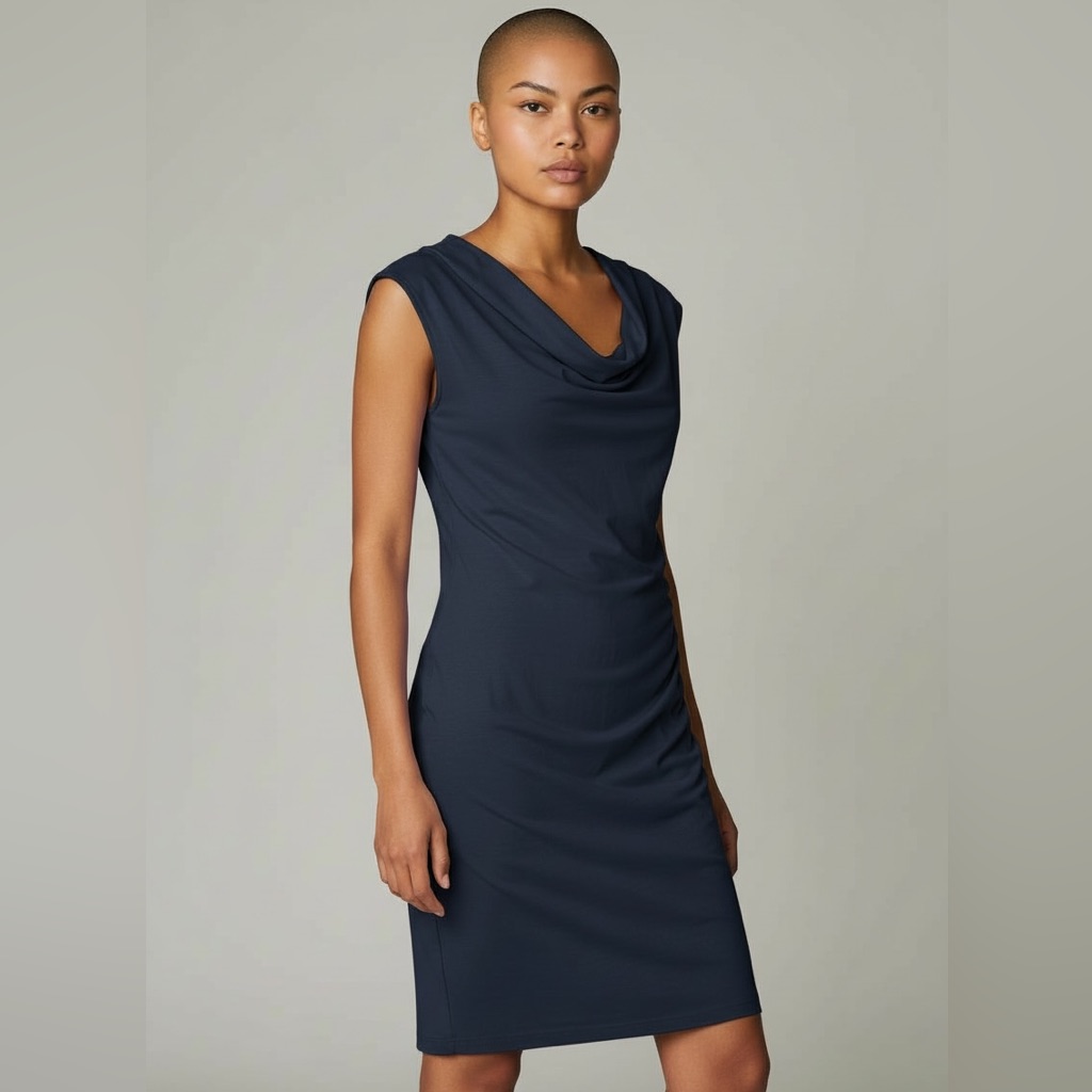 Mng Women’s Navy Blue Ruched & Cowl Neckline Bodycon Mini Dress. Xl Sku 418
